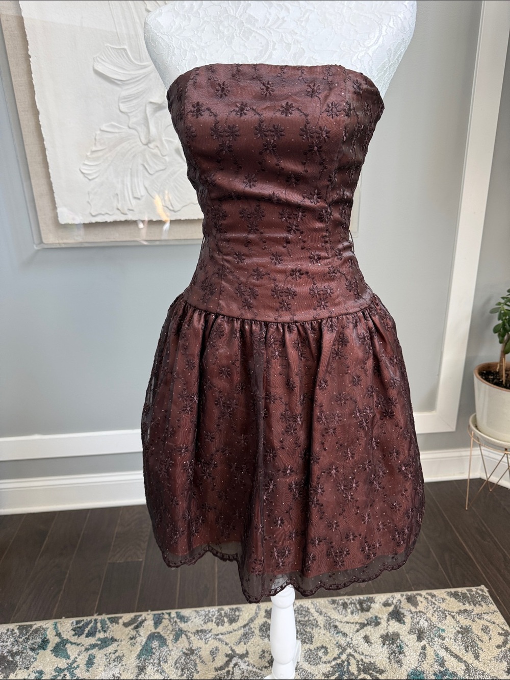 Vtg Jessica McClintock Y2K Brown Embroidered Strapless Drop Waist Dress 2